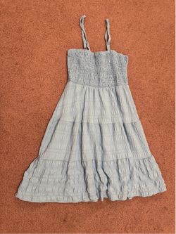 Small blue short ruffle sun dress smocked spaghetti strap mini summer