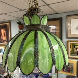 Vintage 1930's Green Lotus Swag Stained glass lamp Chandelier 