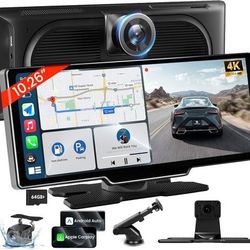 new 10.26'' Wireless Carplay Screen for Car with 4K Dash Cam & 1080P Backup Camera, Portable Car Audio Receivers with Carplay & Android Auto, GPS Navi
