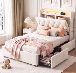 Jocoevol Twin LED Velvet Bed Frame with 2 Storage Drawers&Hidden Headboard Beige Upholstered Platform Bed with Charging Station, Button Tufted Design,