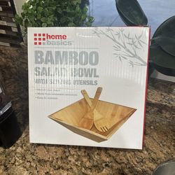 Square Bamboo Salad Bowl Set with Serving Utensils Large Square 11"