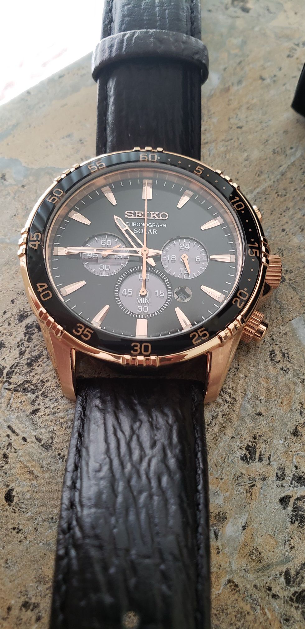 Seiko Solar Chronograph, Rose Gold - Box and tags included.