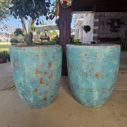 XL Rustic Blue Clay Pots, Planters, Plants. Pottery, Talavera $140 cada una