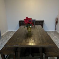 Brown Table & benches and Buffet Table