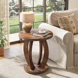 Round Side Table with Storage, Farmhouse End Table - Dark Brown