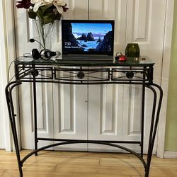 Metal Desk With Glass Top Plus  Vase With Artificial Flower And Wall Mirror