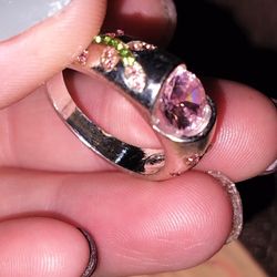 Sterling Silver Ring W Pink And Green Stones,Size 8, Perfect Condition 