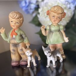 Vintage Porcelain Boy&Girl&Dogs On Leashes 8”Each 1950’s Japan