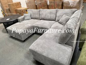 NEW Modern Fabric Sectional Sofa and Chaise Lounge Set and FREE STORAGE OTTOMAN Designer Ashley Style BIG Couch SALE Furniture Warehouse Clearance