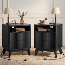 Set of 2  Black Fluted Nightstand with Charging Station
