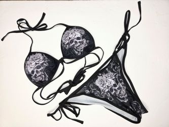 Black Skull Rose Floral Print Triangle Bikini Set Gothic Halter Side Tie Swim L