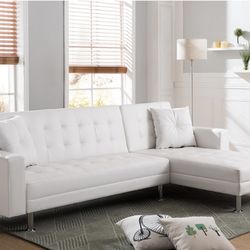 WHITE TUFTED FAUX LEATHER SECTIONAL SOFA BED