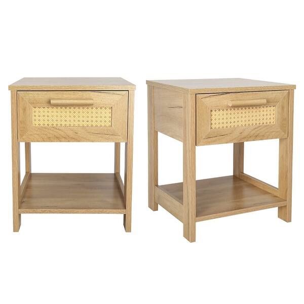 NEW Set of 2 Rattan Nightstand With 2 Drawer and two open storage shelf