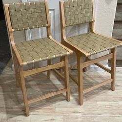 New Set of 2 Counter Height Bar Stools Tan Leather Seat Natural Brown Wood