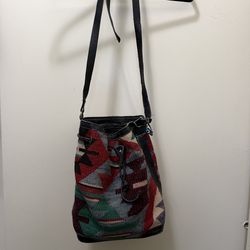Woven Kilim Bucket Bag with Leather Straps