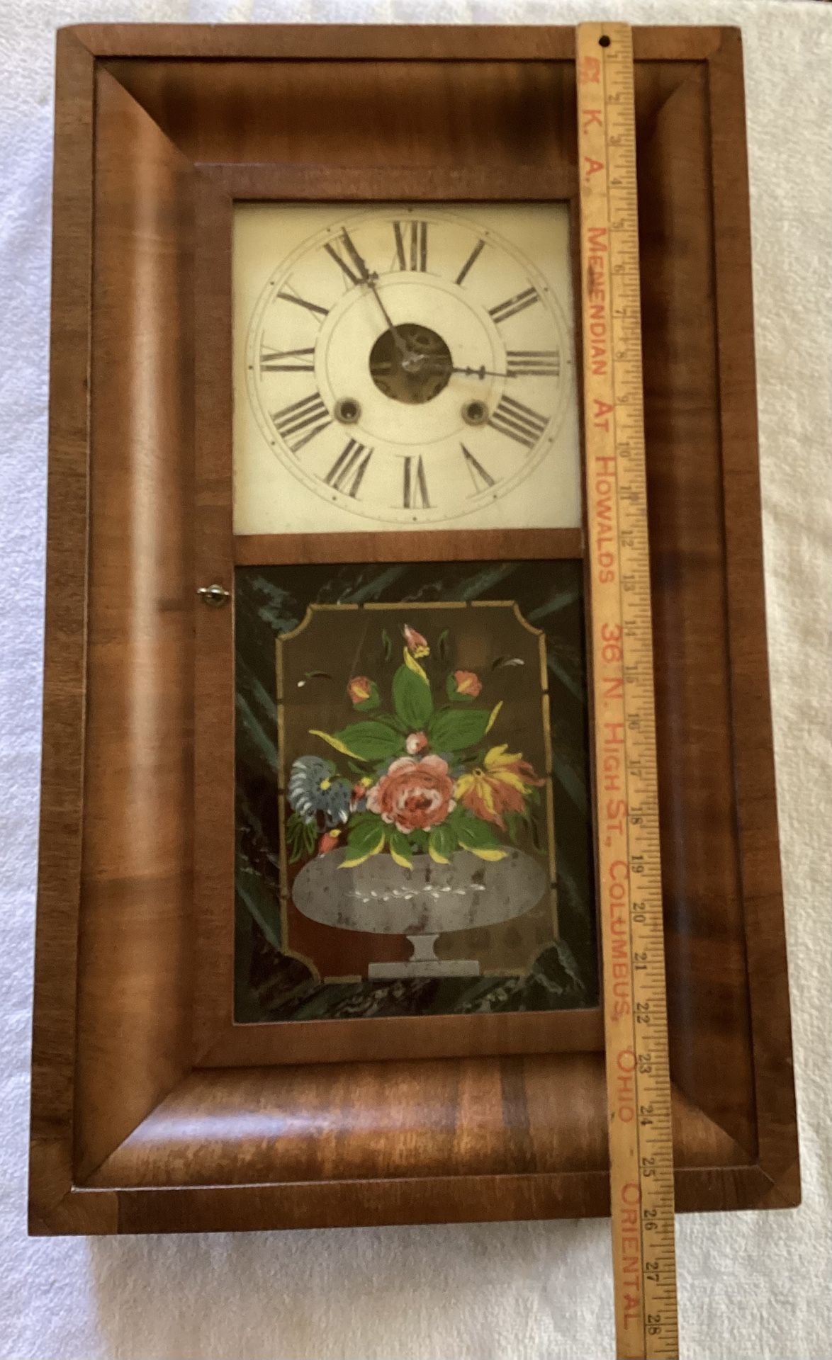 Antique OGEE Mantle Clock. Measures 26” X15.5”. Looks Walnut Wood? Key & Pendulum