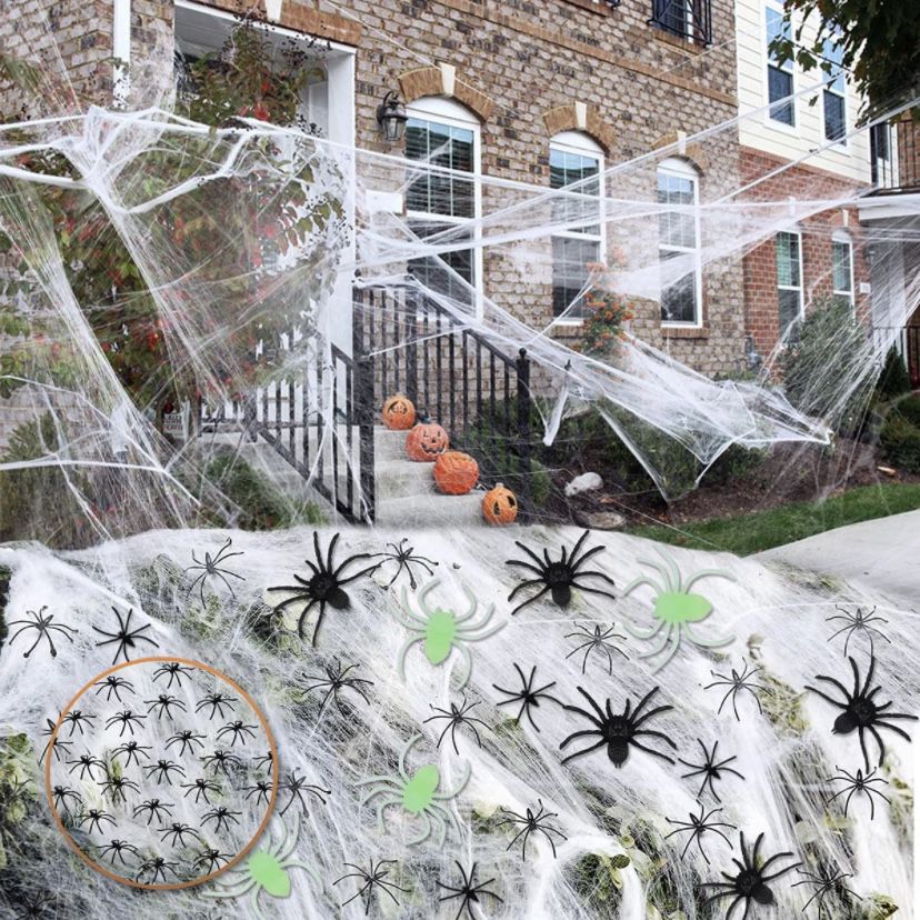 Aitok Spider Webs Halloween Decorations, 1500 sqft Stretch Spider Cobwebs with 215 Fake Spider Glow in The Dark and Black Spiders for Halloween Party 