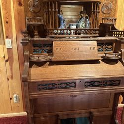 Antique Pump, Organ Historic Incredible Shape Ornate Vintage, Velvet Art Deco Design, Ornate 
