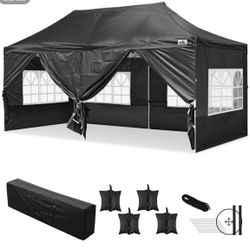 10x20' Easy Pop Up Canopy with Removable Sidewalls Waterproof Folding Wedding Party Tent Outdoor Black 