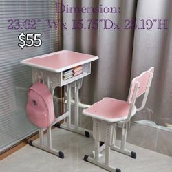 😀 Kids Desk with Metal Hook Storage Drawer and Chair Set, Height Adjustable for Boys Girl Study Home School, Pink