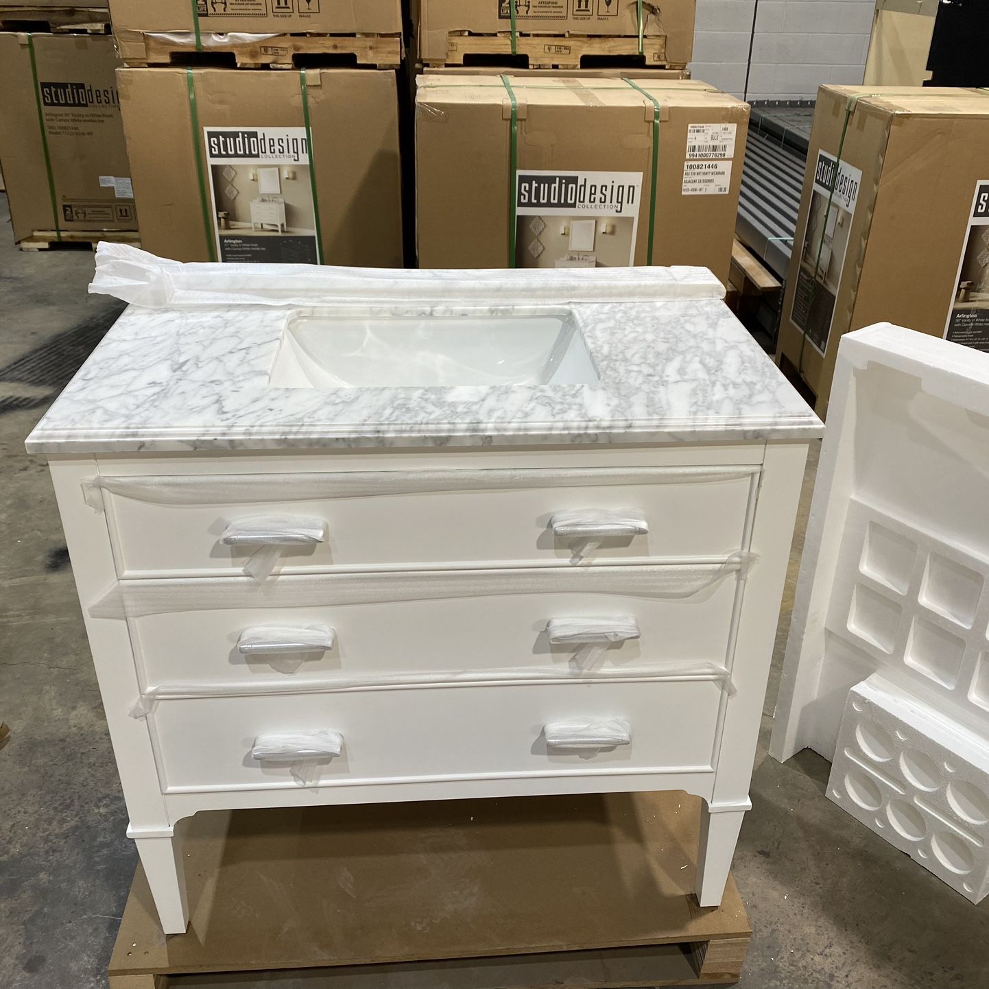 ARLINGTON 37” VANITY in White Finish with Carrara White Marble Top