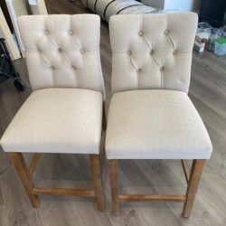 Set of 2 Upholstered Barstools with Tufted Back - Beige
