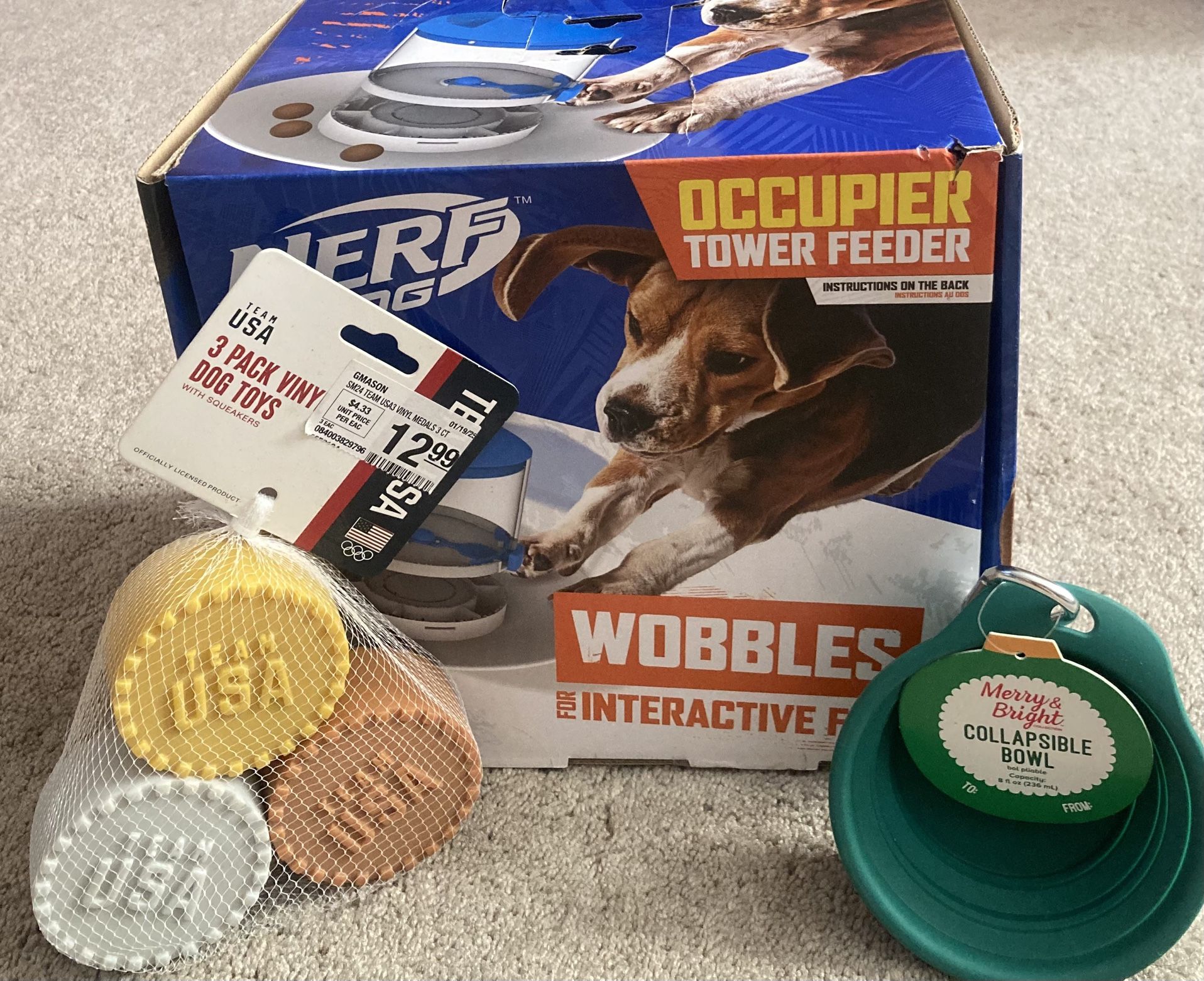 TEAM USA 3 PACK TOYS, NERF DOG OCCUPIER TOWER FEEDER & MERRY & BRIGHT COLLAPSIBLE BOWL