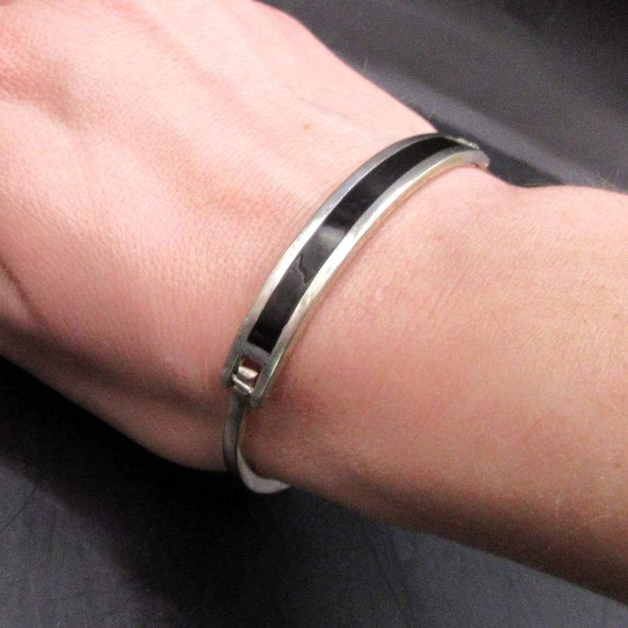 Vintage Sterling Silver Black Onyx Hinged Bracelet from Mexico