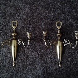 5-CH: Pair of Polished Vintage Brass Wall Candle Holders-Sconces