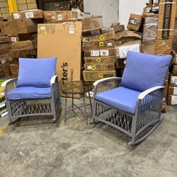3 PCS Outdoor Rocking Chairs Patio Bistro Set with Glass Table Morden Braid Design Patio  