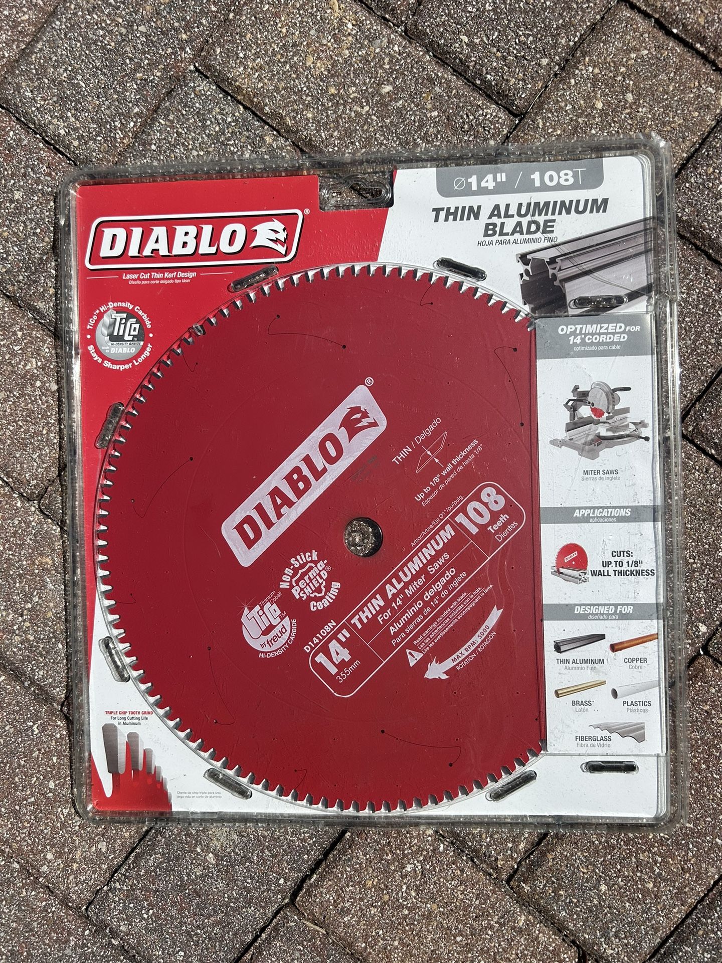 Diablo Thin Aluminum Blade. Diablo Thin Aluminum Blade. For 14" Miter Saw. Wet/Dry. 108 Teeth.