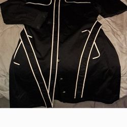 NWT George Me Designs by Mark Eisen long black w/white trimmings LG, trenchcoat. new! never been worn. super nice, made very well! dry clean only