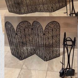5 Pc Fireplace Set -Designer 30in x4Ft W Iron Fireplace Screen 4pc Panel & 4Pc vintage fireplace set 