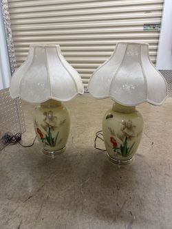 Porcelain & glass Iris and Butterfly Hand Painted and Signed Asian Lamps Pair