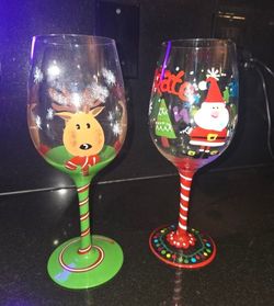 2 Hand Painted CHRISTMAS Wine Glasses