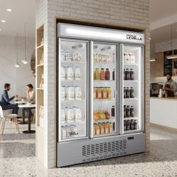 Premium Levella Commercial Triple Glass Door Display Refrigerator - 52.3 Cu. Ft. Merchandiser With LED Lighting, Frost-Free Cooling & Locking Casters 