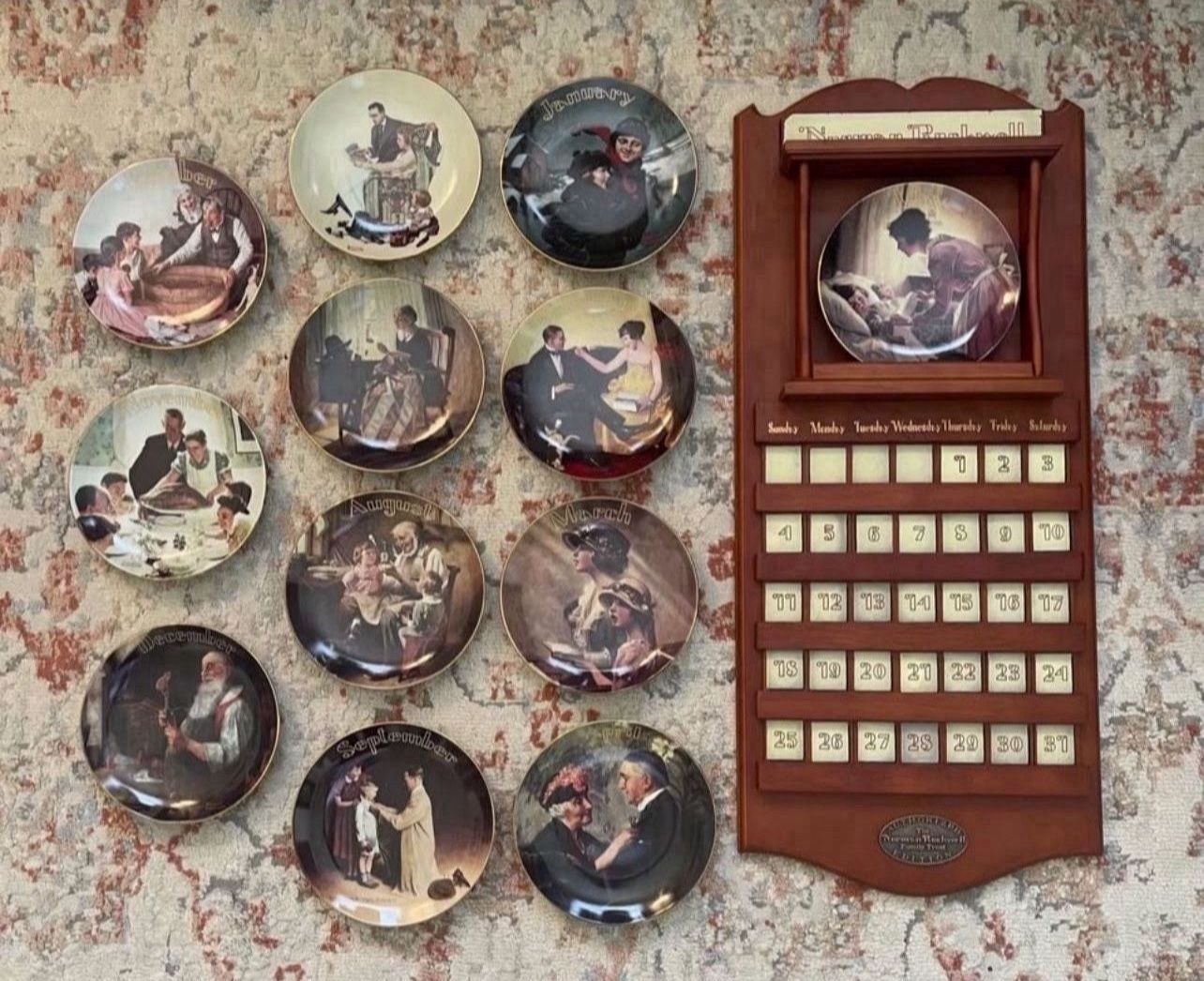 RARE Norman Rockwell American Mid-Century Porcelain Plate and Tile Wooden Wall Calendar