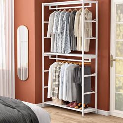86” Double Rod Closet Organizer – Freestanding Wardrobe w/ 3-Tier Shelves, 150 lb Capacity, White