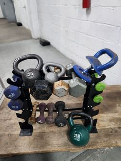 $140 Rack plus Pair Dumbells as appear, kettlebels.
Used Condition.  
LittleHavana  Miami 33130. Deliveryforextra