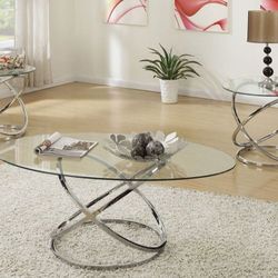 Brand New Chrome Glass 3pc Coffee Table Set