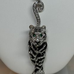 Rhinestone and Black Enamel Green Eyed Tiger Pendant Necklace