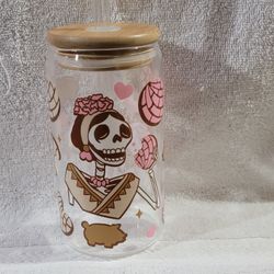 Skeleton Concha  16 Oz  Custom Libby Glass Can  Cup  With Bamboo Lid And Glass  Straw.