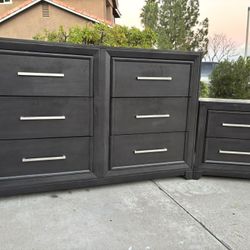 Gray Modern High End Solid Wood Dresser Chest of Drawers and Nightstand Furniture Set Great Condition 