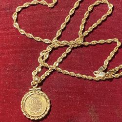 20 inch 10K diamond cut rope necklace 2.5 mm with a 1945 pesos gold coin pendant