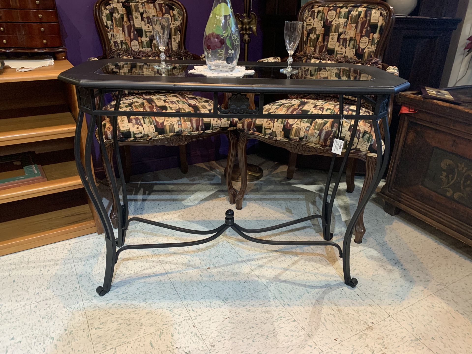 Solid wood, glass, and metal sofa table freshly painted black