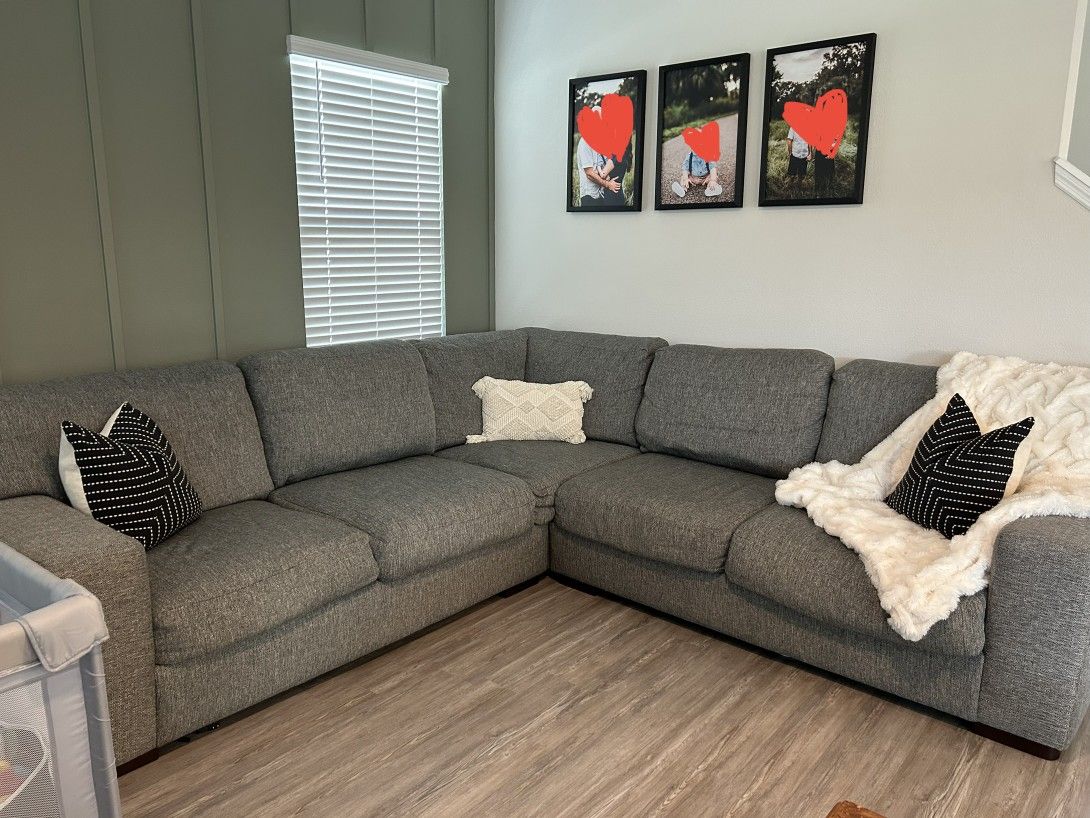 Kevin Charles Fine Upholstery Gray Fabric Large L Shaped Couch Sectional