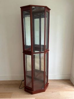Tall Hexagonal Wood and Glass Display Cabinet