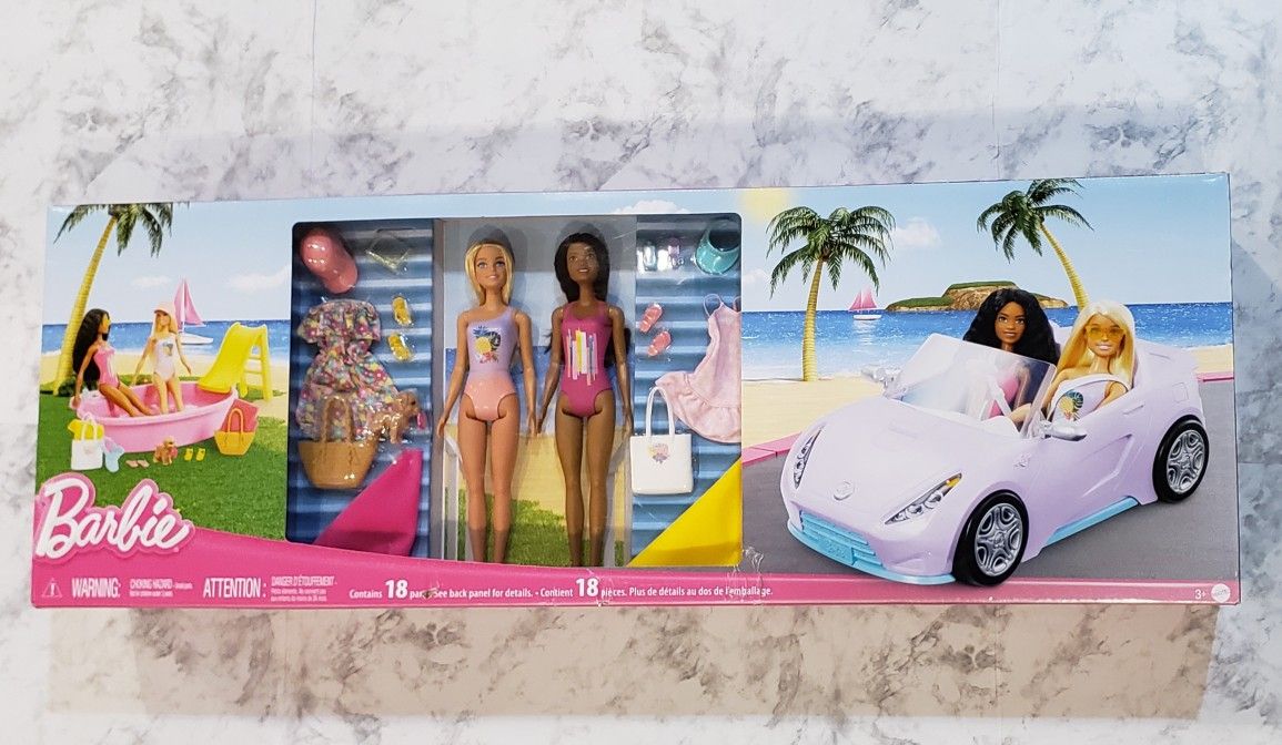 Two Barbie Dolls with Pool, Clothes and Barbie Car (Target Exclusive) NEW