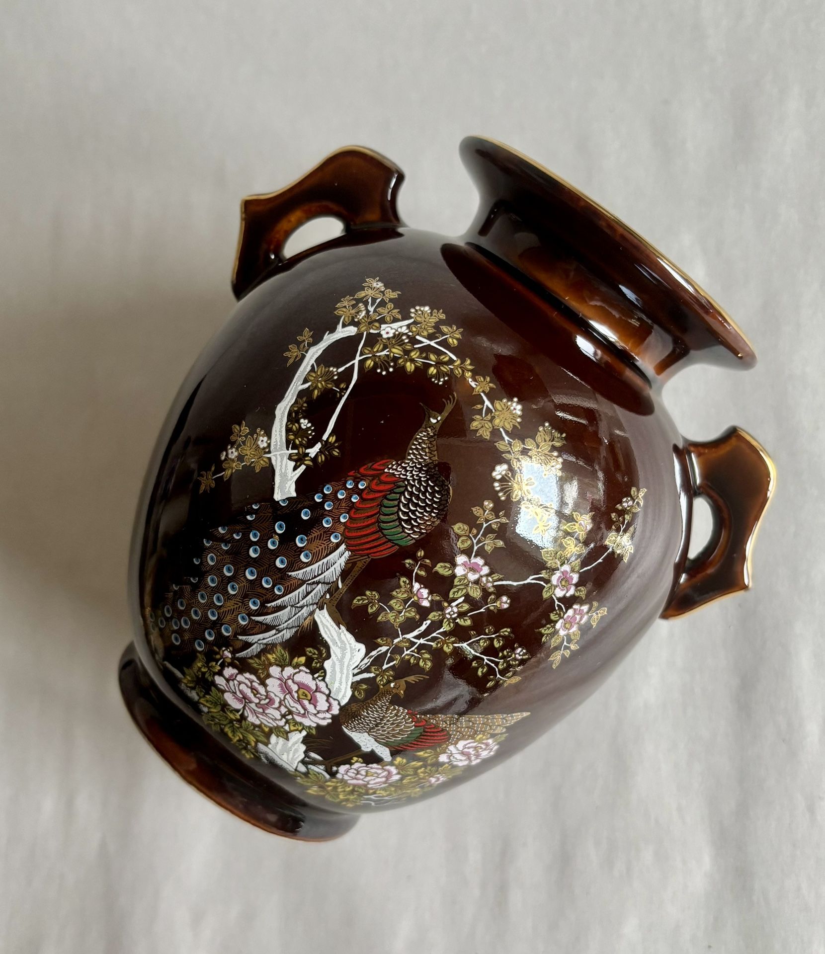 Vintage Japanese Double Handled Brown Porcelain Vase With Peacock And Floral Design
