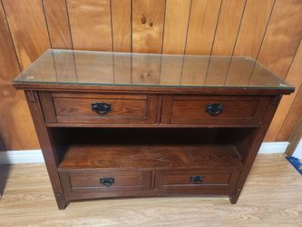 Matching Wood Console Tables with Glass Tops – 2 Available